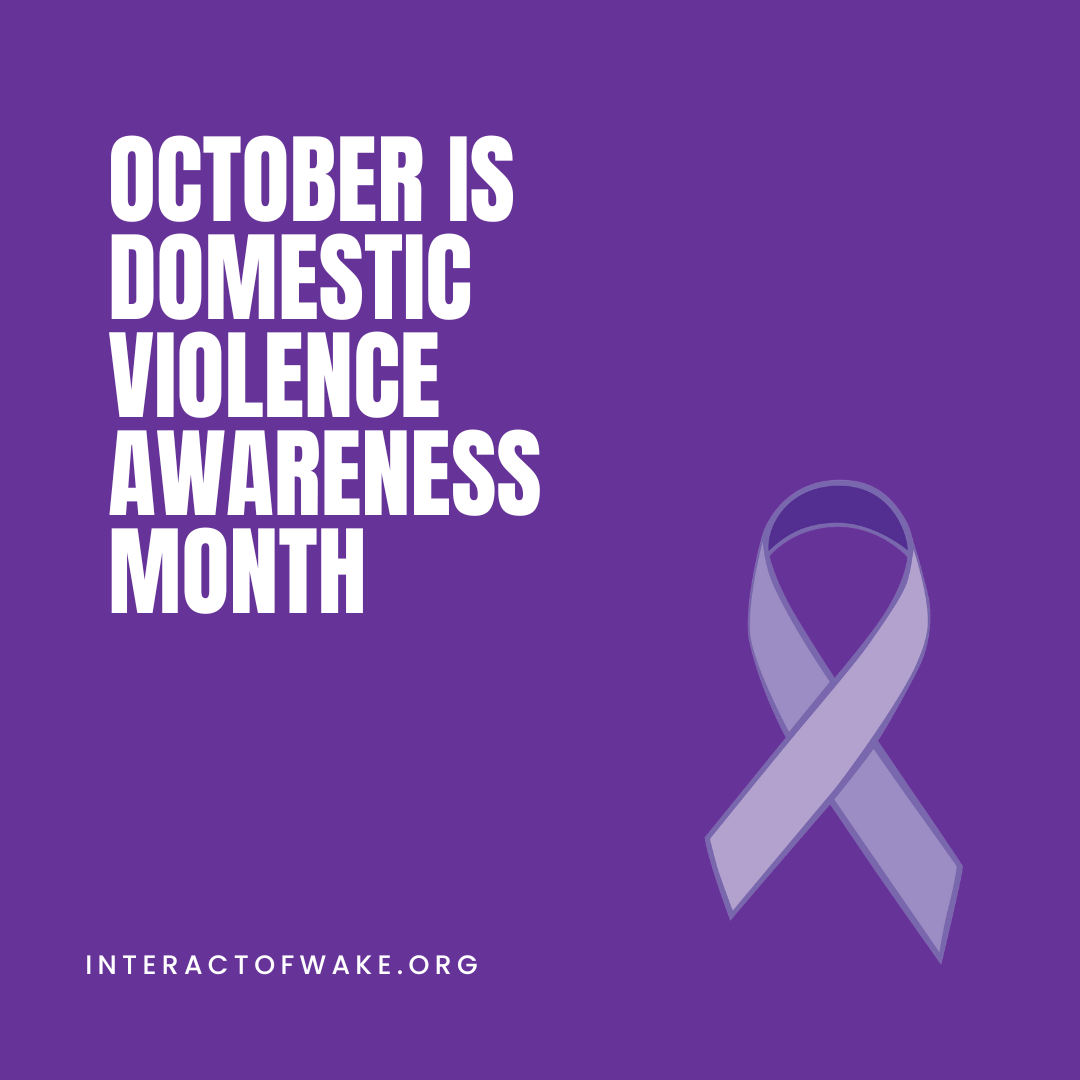 Domestic Violence Awareness Month white on purple with purple ribbon.