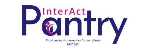 InterAct Pantry with logo of person with plant growing. Pink and purple colors with tagline of Providing basic necessities for our clients 24/7/365.